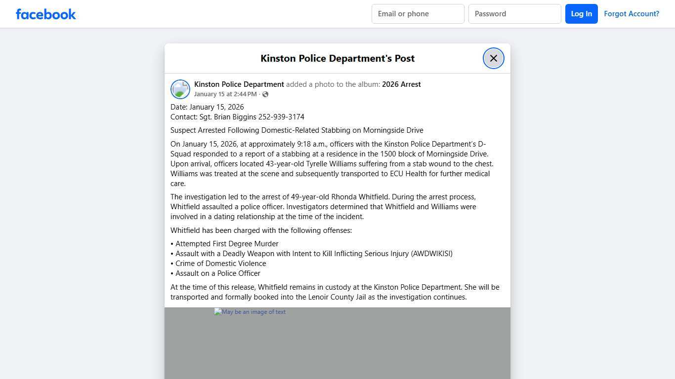 Date: January 15, 2026... - Kinston Police Department Facebook